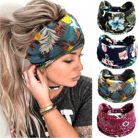 Diadema bohemia para mujer, diadema elástica, cinturón absorbente para yoga y correr, goma para el cabello, accesorios de moda para el cabello, juego de 4 diademas para niñas (1/5)