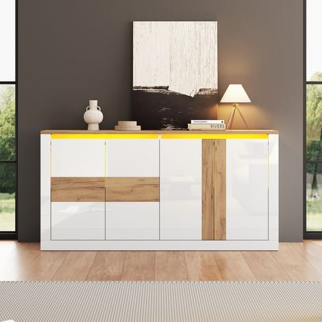 Buffet bas LED RGB 4 portes 140x35x70 cm, commande App et vocale, étagères réglables, MDF, façades brillantes - Couleur Blanc/Chêne (1/5)
