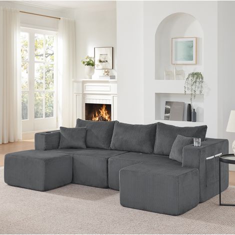 Divano angolare modulare a 3 posti, con due pouf mobili, portabicchieri e tasche laterali, tessuto in velluto a coste, grigio (1/5)