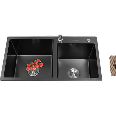 Évier de cuisine, double cuve, acier inoxydable durable, noir (1/2)