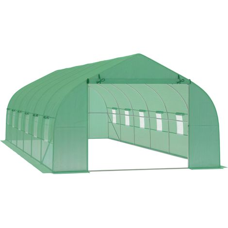 Serre jardin tunnel grande taille cadre acier bâche PE porte enroulable 12 fenêtres 8 x 3 x 2 m vert