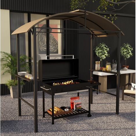 Gazebo per barbecue 233 x 110 x 235 cm con tetto ventilato, ripiani laterali e 7 ganci, acciaio color kaki (1/5)