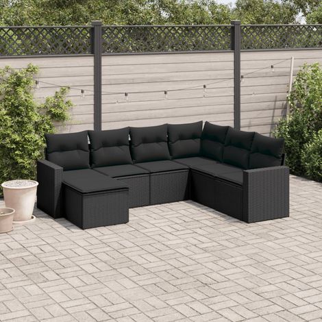 7-tlg. Garten-Sofagarnitur mit Kissen Schwarz Poly Rattan (1/3)