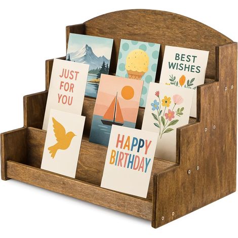 Greeting Card Display Stand Holder Rack Organizer,4 Tier Wooden Multifunctional Card Display Stand, for Postcards, Stickers, Retail Stores, Brown (1/5)