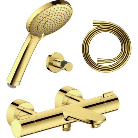 Conjunto de mezclador termostático para bañera/ducha DURAVIT Wave + cabezal de ducha universal 3 chorros + manguera de 160 cm + soporte oro pulido (1/5)