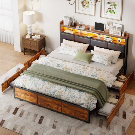 Letto 140x190 cm con rete in legno massiccio, letto matrimoniale con spazio di archiviazione, con 4 cassetti, illuminazione LED, testata aperta, stile vintage, PU - Marrone (1/5)