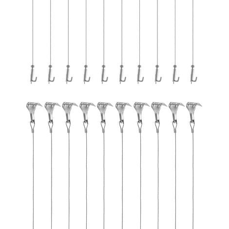 10 Stück Bilderrahmen- und Spiegelaufhängeset, Edelstahl-Aufhängeseil Φ1,5mm x 2m mit verstellbarem Haken und Schienenhaken, Tragkraft 40kg (1/5)