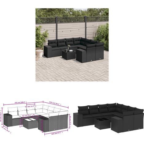 9-tlg. Garten-Sofagarnitur mit Kissen Schwarz Poly Rattan - Gartenmöbel - Esstischgarnitur - Outdoor Möbel - Lounge Set - Rattan Gartenmöbel - Home & Living