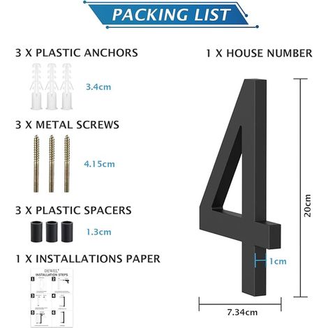 Numéro de Maison en Acrylique, 8 inch/20.3 cm Grand Numéro de Maison Moderne, avec Effet 3D Flottant,Imperméable,pour Extérieur, Porte, Boîte aux Lettres, avec Vis (Noir, 4) (1/3)