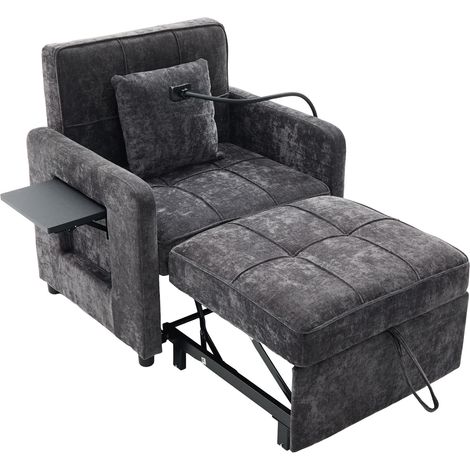Fauteuil convertible 2-en-1 avec table et rangements en chenille grise (1/5)
