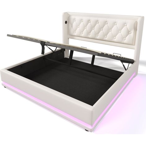 Lit coffre double 160x200 cm en PU blanc, tête de lit LED 3 faces, USB Type-C (1/5)