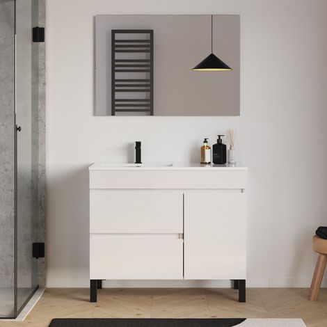 Meuble de salle de bain 100cm sur pieds avec vasque déportée à gauche avec porte et tiroirs - blanc brillant - LAZARO (1/5)