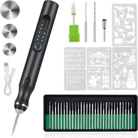 Stylo graveur électrique – Ensemble d'outils de gravure rechargeables par USB – avec 37 embouts et 5 modèles (noir) (1/4)