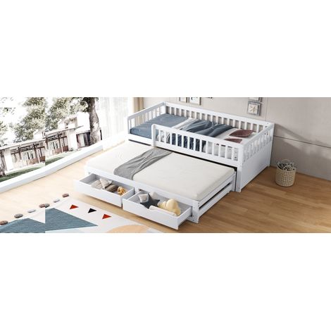 Canapé-lit en bois massif 90x200 cm, barrière de sécurité intégrale, lit extensible avec 2 tiroirs, sommier à lattes, lit enfant ado invité adulte, blanc (1/5)