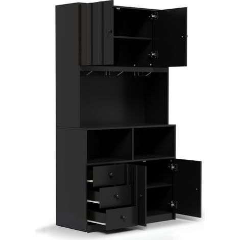 Credenza alta da cucina con LED, prese USB, vetrina e portabottiglie 100x40x180 cm MDF nero (1/5)