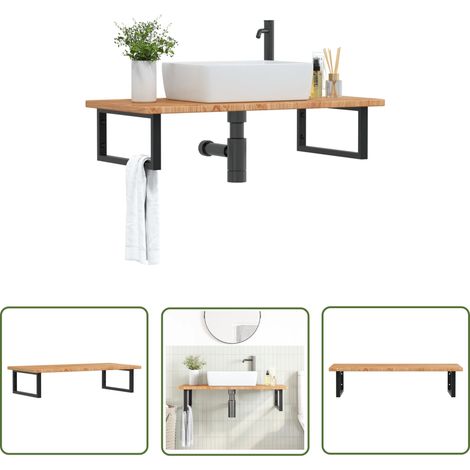 The Living Store Étagère de vasque murale acier et bois de chêne massif - Meuble De Salle De Bain - Étagère Murale - Étagère De Lavabo - Meuble Suspendu - Rangement Salle De Bain (1/5)