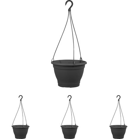 Lot de 4 Panier à Fleurs Suspendu, Plastique Anthracite, Diamètre 25 cm, Réservoir d'Eau, Extérieur