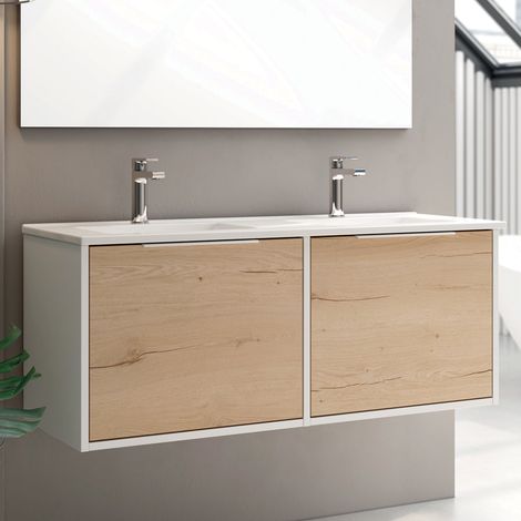Meuble de salle de bain 120cm double vasque - 2 façades et 4 tiroirs - sans miroir - Blanc/Roble - ALBA (1/2)