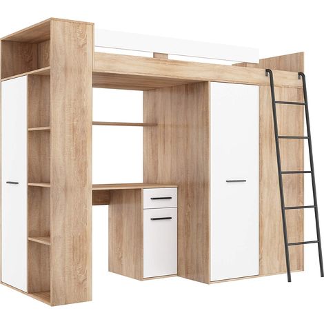 Bim Furniture – Armoire enfant avec lit mezzanine et bureau – Dimensions H190x120x236cm – Panneau stratifié 16mm – Fermeture silencieuse (1/6)
