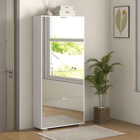 2-in-1-Schuhschrank mit Spiegelfronten, 4 Klapptüren, verstellbaren Einlegeböden, bietet Platz für bis zu 24 Paar Schuhe, 76 cm (B) x 26 cm (T) x 168 cm (H)