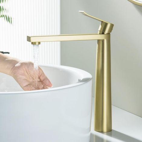 Robinet Vasque à Poser Doré, Mitigeur Haut pour Vasque, Robinet de Lavabo Haut Salle de Bains en Acier Inoxydable Résistant à l'usure, Or brossé (1/5)