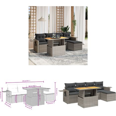 6-tlg. Garten-Sofagarnitur mit Kissen Grau Poly Rattan - Gartenmöbel - PE-Rattan Möbel - Outdoor Set - Lounge Set - Sofasitzgruppe - Home & Living