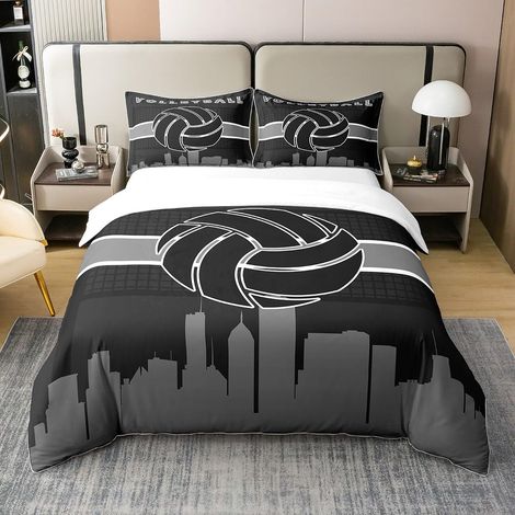 Parure de lit 100 % coton avec housse de couette 135 x 200 cm et 1 taie d'oreiller, pour enfants, garçons, adolescents, volleyball - Gris noir (1/5)