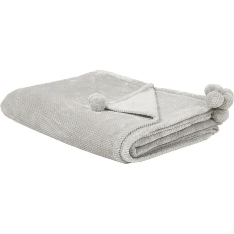 Manta de poliéster suave gris claro 200 x 220 cm con pompones Saitler