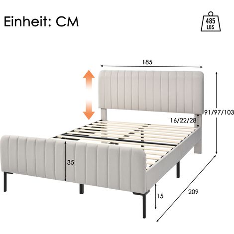 Lit double rembourré 180x200 cm avec sommier à lattes réglable et tête de lit inclinable, beige-gris en lin