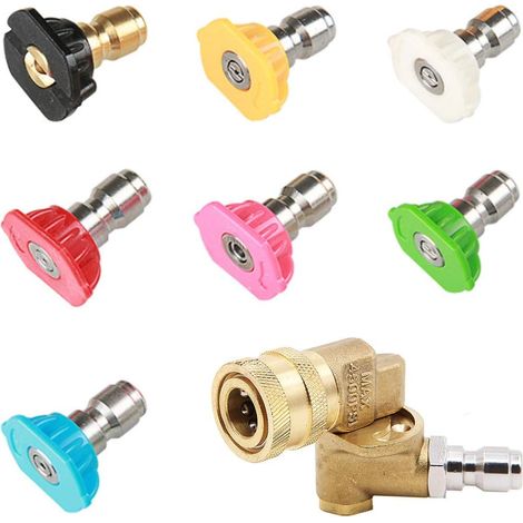 Lot de 7 buses de pulvérisation à dégagement rapide pour nettoyeur haute pression avec coupleur pivotant à connexion rapide, prise de 4500 PSI 0,6 cm, rotation à 90 degrés (1/5)