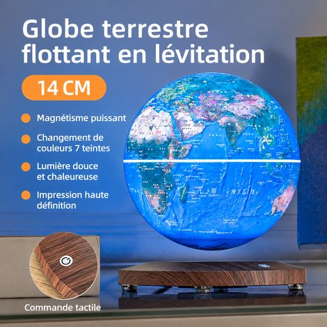 Lampe veilleuse à lévitation magnétique globe terrestre 14 cm avec socle rond motif bois luminaire 1 kg – Livraison gratuite