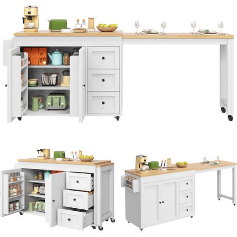 Ilot central de cuisine extensible Blanc,buffet Cuisine avec 2 portes,3 tiroirs,plan de travail,116-179.5x45x89cm (1/5)