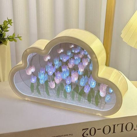Lampe Tulipe Avec Miroir - Veilleuse Table - Simulation Fleur - Plastique - Rose Bleu Violet - 1 Pièce