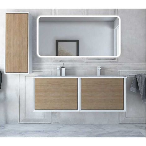 Mobile Bagno Bellagio140 cm SospesoRovere Tabacco Base 4 cassetti - Lavabo doppia vasca in Resina (1/5)
