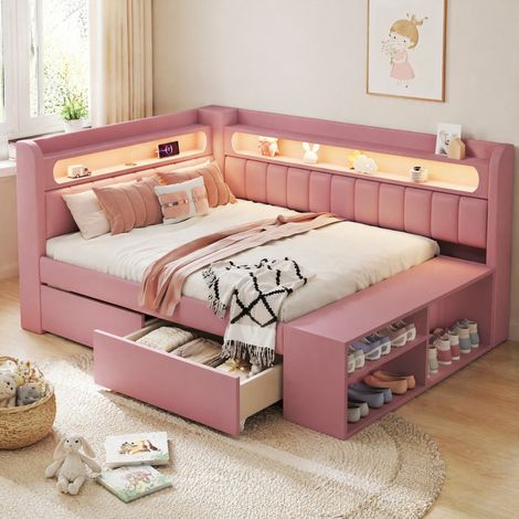 Lit 90x200 cm MDF rose avec USB, LED et rangements, pour chambre, sans matelas – MEUBLIV (1/5)