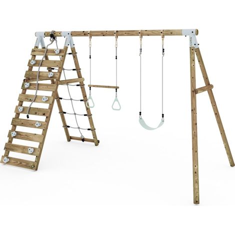 Limited Edition Rebo Wooden Double Swing Set with Up and Over Climbing Wall - Savannah (1/5)