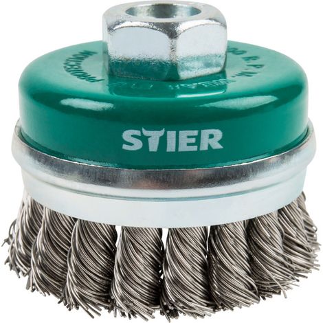 Brosse boisseau STIER Ø 65 mm, M14, 0,5 mm, torsadée, inox (1/4)