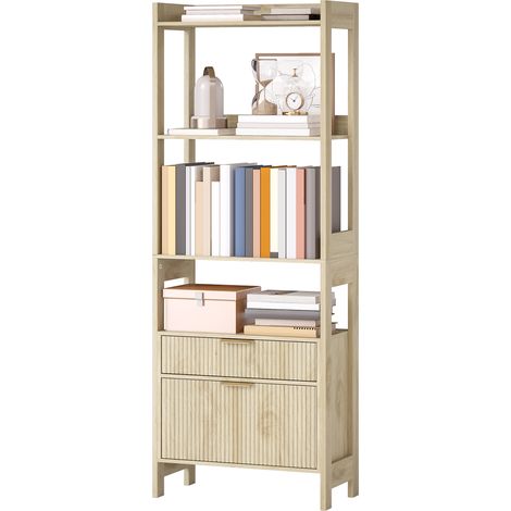 160 cm hohes Bücherregal mit 4 offenen Regalböden und 2 Schubladen mit Rillenprofil (60 x 30 cm), Naturholz