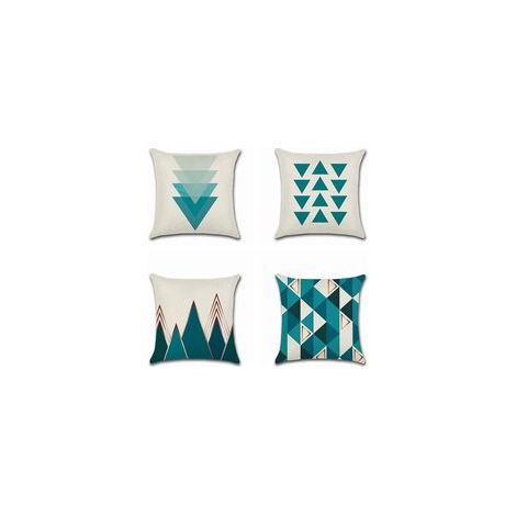 Lot de 4 Housses de Coussin Géométriques Bleues, 45x45 cm, Motif Triangle, Décor Coton & Lin, Maison