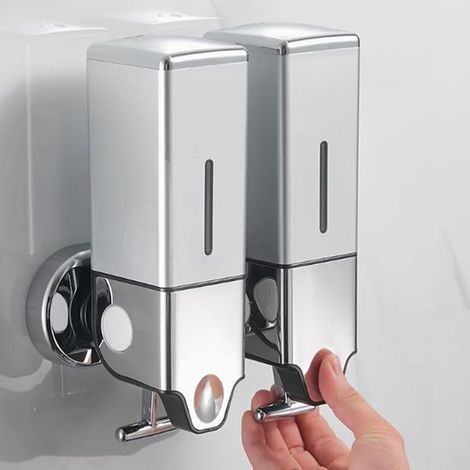 Dispensador de jabón de pared，Bomba de jabón pequeña，2 x 500 ml，Acero inoxidable，Recargable，Dispensador de champú，Dispensador de jabón colgante (1/4)