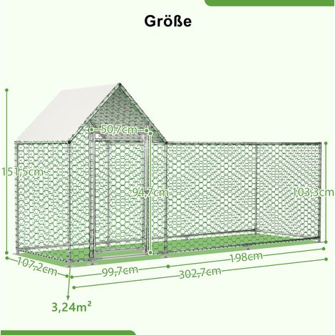 Pollaio con recinto 302,7 x 107,2 x 151,5 cm, tetto in PE, chiusura di sicurezza DESVIAE (1/4)