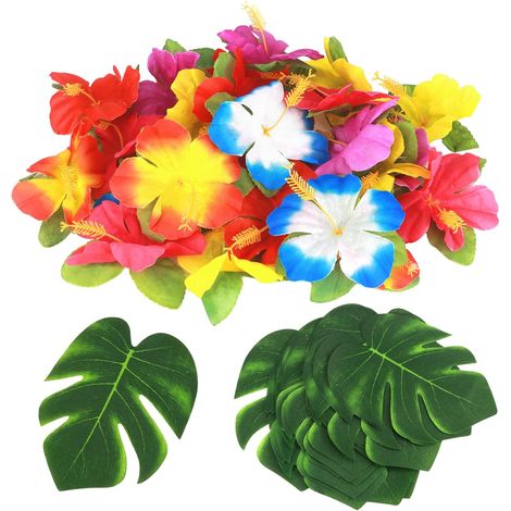 60 piezas de artículos de decoración para fiestas tropicales, decoraciones para fiestas hawaianas, con 30 hojas de palmera y 30 flores de hibisco.