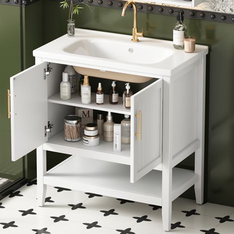 Lavabo 80x47x89 cm, meuble vasque simple, avec meuble de rangement, cloison ouverte, MDF, poignées métal, meuble lave mains à poser, meuble de salle de bain - Blanc (1/5)