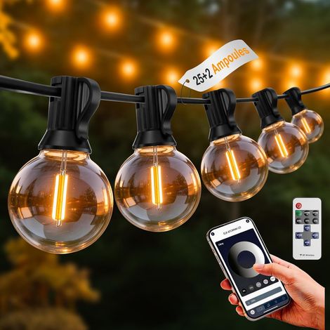 Filiyano – Guirlande lumineuse extérieure 23,5 m – 25+2 ampoules LED G40 2700 K – IP44, incassables, dimmable, App et télécommande – Terrasse (1/5)