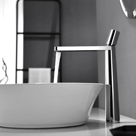 Mitigeur lavabo noir à levier unique monobloc, robinet eau chaude froide design moderne, mélangeur salle de bain contemporain (1/4)