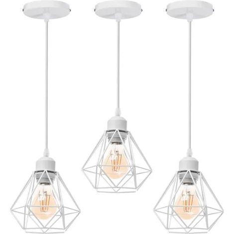 U-Do 3Pcs Lustre Suspension design Vintage Lampe Cage forme Diamant mini en Fer Blanc E27 Plafonde Brillant pour Salon Cuisine (1/4)