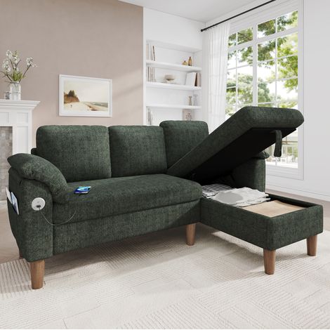 Ecksofa in L-Form, 3-Sitzer mit wendbarer Chaiselongue, USB/Type-C, Chenille grün (1/5)