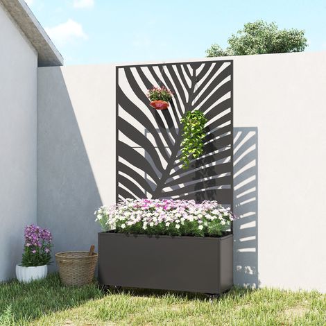 Jardinière avec treillis, bac à fleurs, avec brise-vue et roulettes verrouillables, métal, 90 x 30 x 160 cm, noir (1/5)