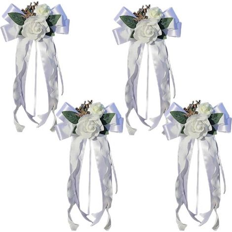 Decorazioni con nastri per l'auto nuziale, fiori artificiali, decorazioni con specchietti, bianco (1/5)