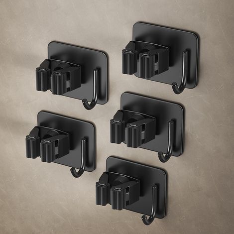 Wandbesenhalter, 5 Stück selbstklebender Wandbesenhalter mit Position und Haken, Wandbesenhalter Wandbesenhalter ohne Bohren für Küche, Badezimmer, Garten